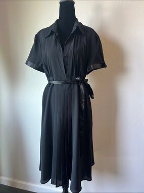 Spense Black Midi Shirt Dress with Satin Waist Tie